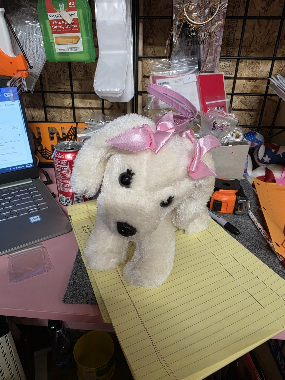 AT-1 Plush White Dog Handbag with Pink Ribbon Accent